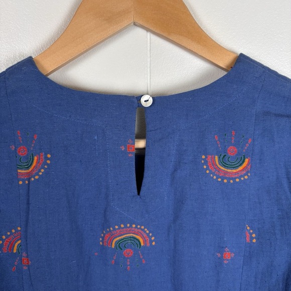 FabIndia Women's XS Tunic Top‎ Linen Blend Blue Rainbow Pattern Blouse EUC - Picture 11 of 14